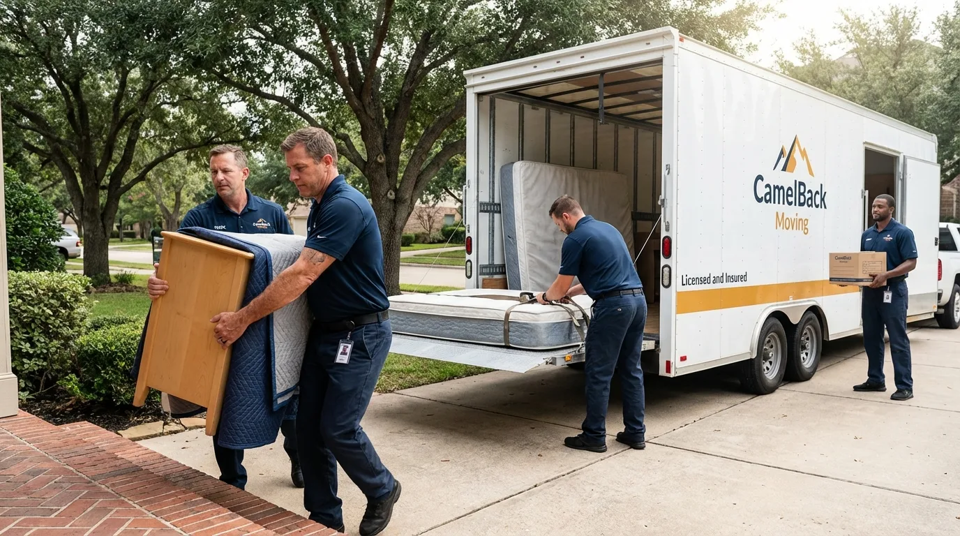 Crew loading residential truck for cross-state move from Almont, MI