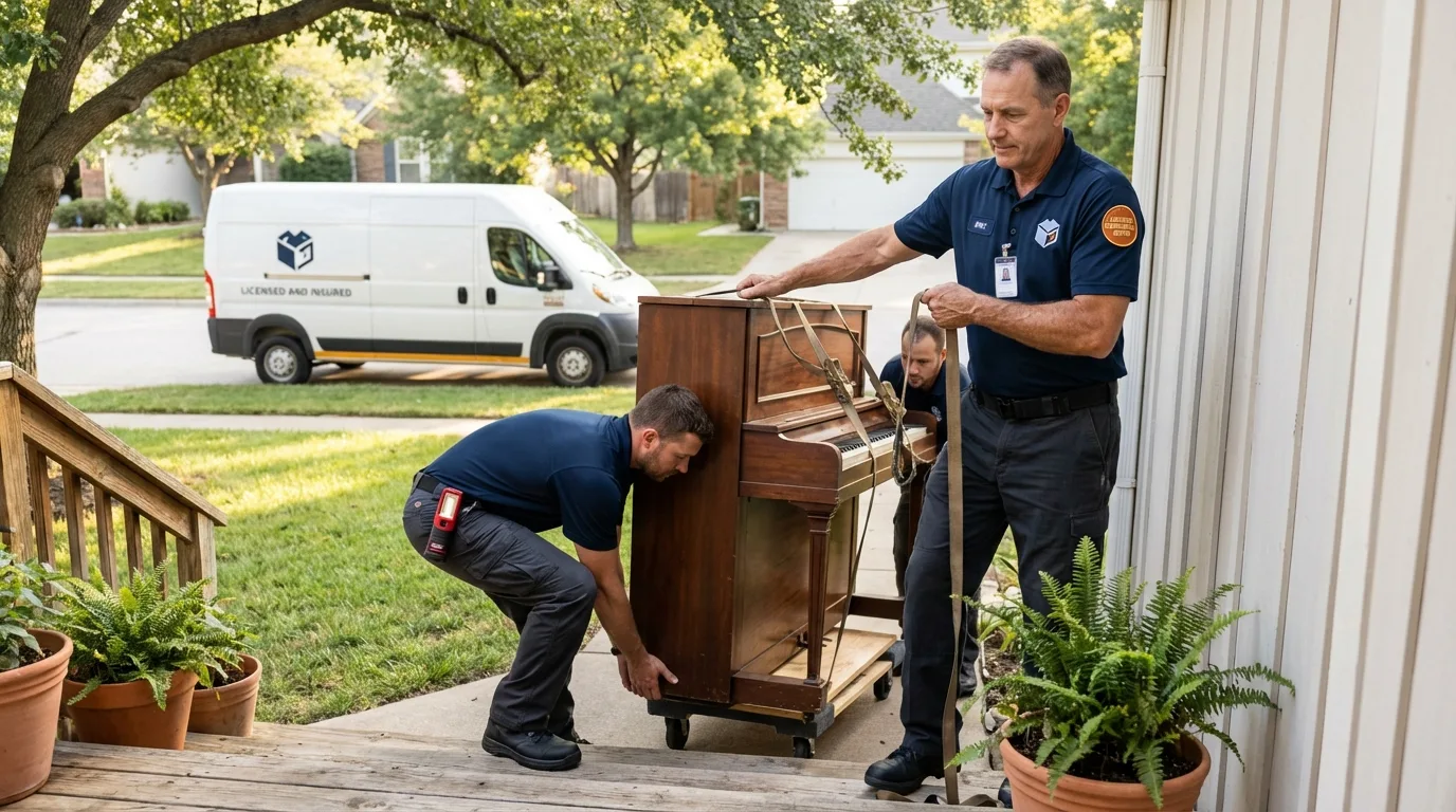 Licensed piano movers securing grand piano in Almont, MI
