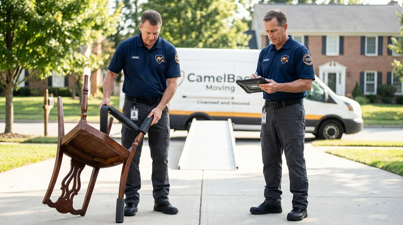 Movers inspecting furniture for damage prevention before loading in Almont, MI